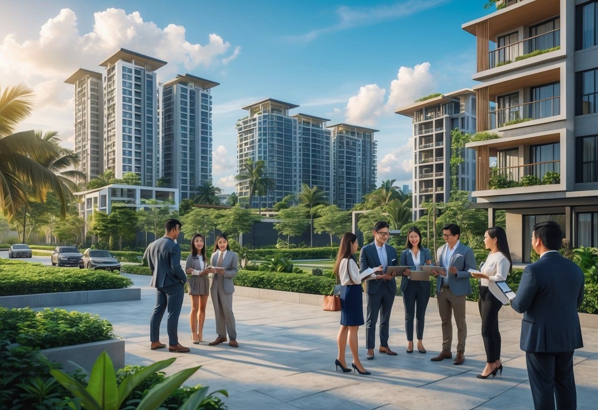 A cityscape of modern residential buildings in Cebu with people discussing real estate plans outdoors.