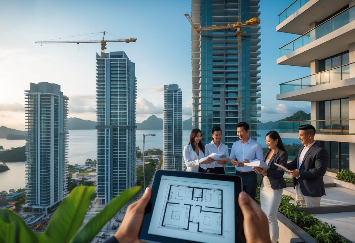 A group of professionals discussing real estate plans near several high-rise buildings under construction by the coast in Cebu.