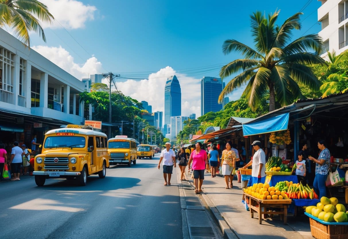 Busy street scene in Cebu City with people walking, jeepneys passing, street vendors selling fruits, and the city skyline with greenery in the background.