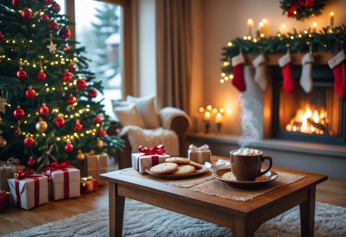 A cozy living room decorated for Christmas with a lit tree, fireplace, wrapped gifts, and a snowy scene outside the window.