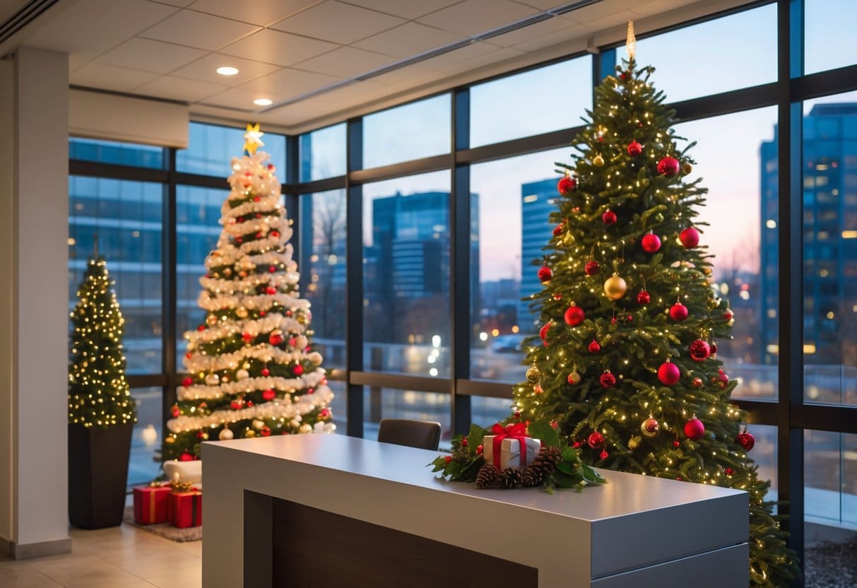 A modern office reception area decorated with a Christmas tree and festive ornaments, overlooking a cityscape at dusk.