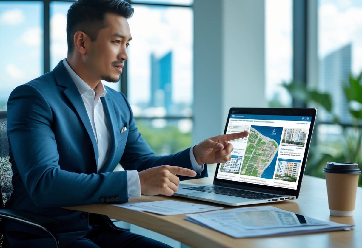 A person reviewing real estate listings on a laptop in a bright office with a city view, considering property investment options.