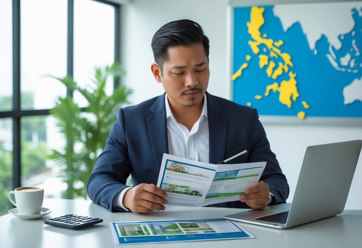 A Filipino man reviewing real estate documents and a map of Cebu in a bright office setting.