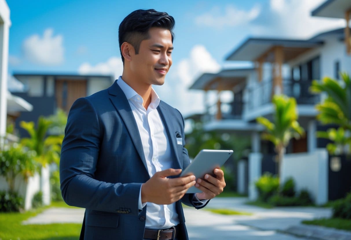 A confident Filipino man reviewing property information on a tablet outdoors in a city with modern buildings and greenery.