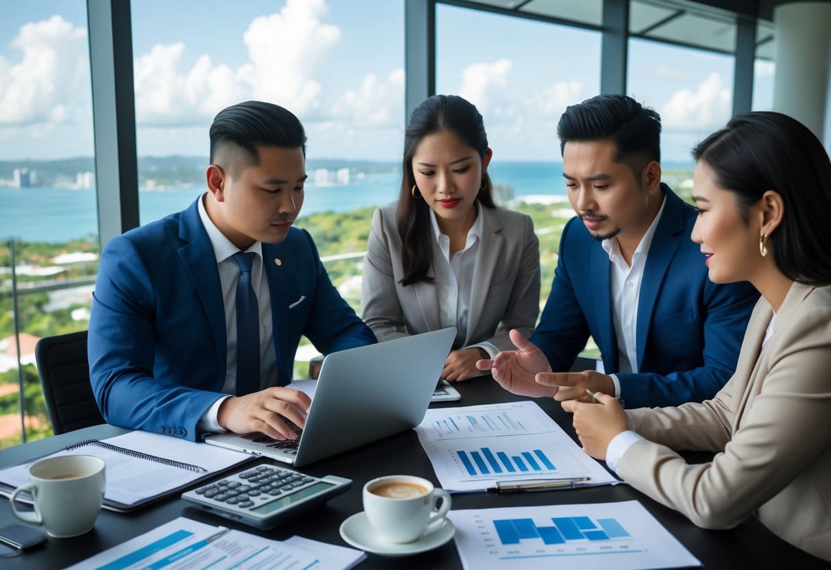 A group of people discussing financial documents in an office with a view of a city skyline and coastline.