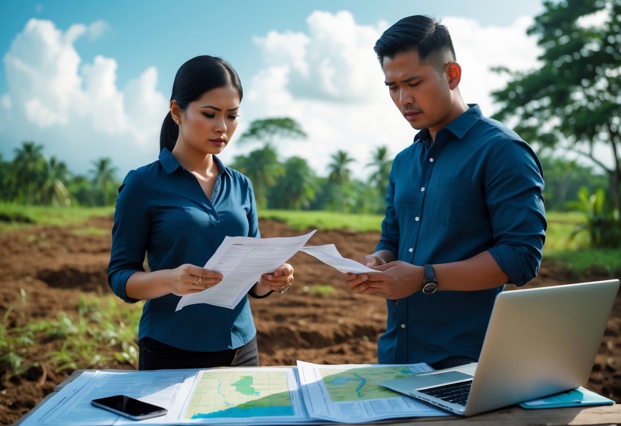 A Filipino couple reviewing documents on a plot of undeveloped land outdoors, looking concerned and focused.