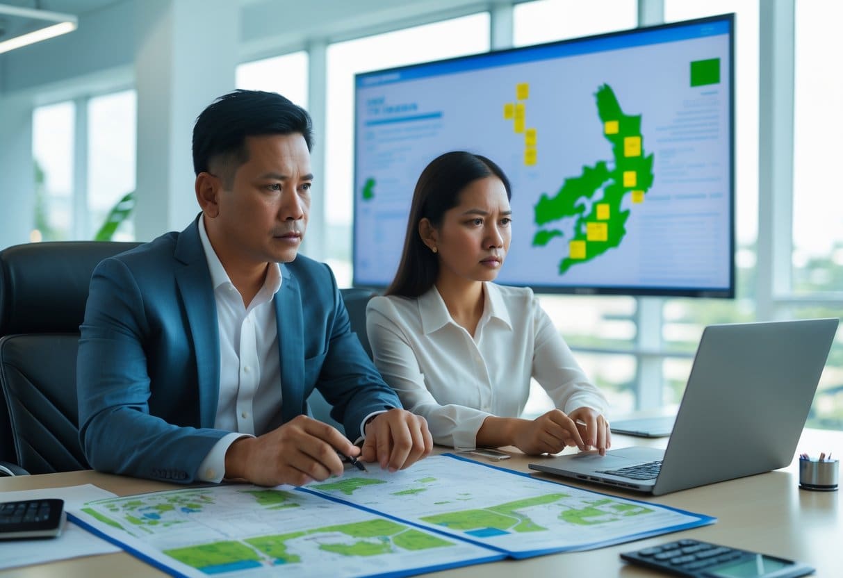 A Filipino man and woman reviewing land documents and maps in an office, looking focused and concerned.