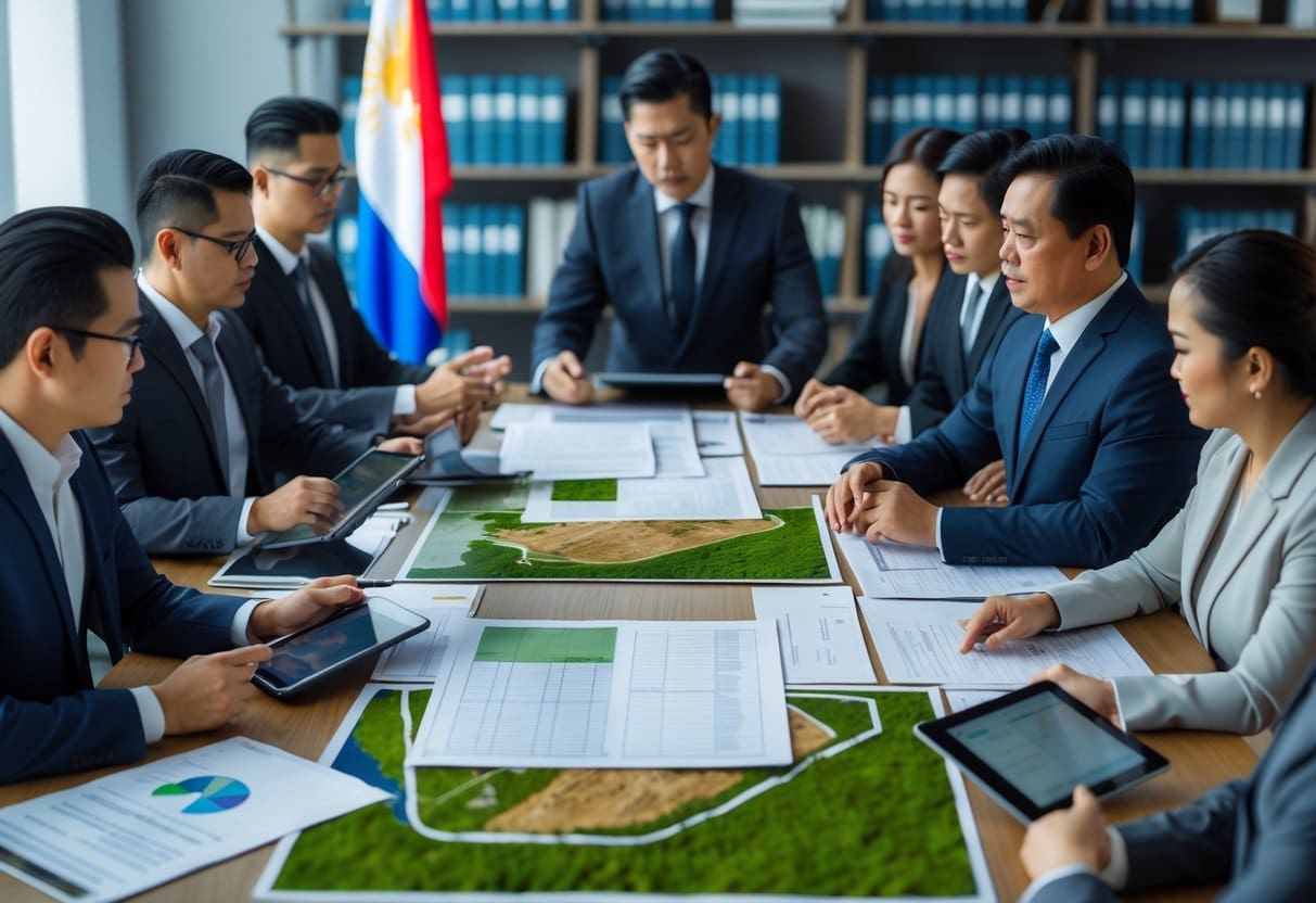 A group of professionals examining land documents and maps in an office setting.