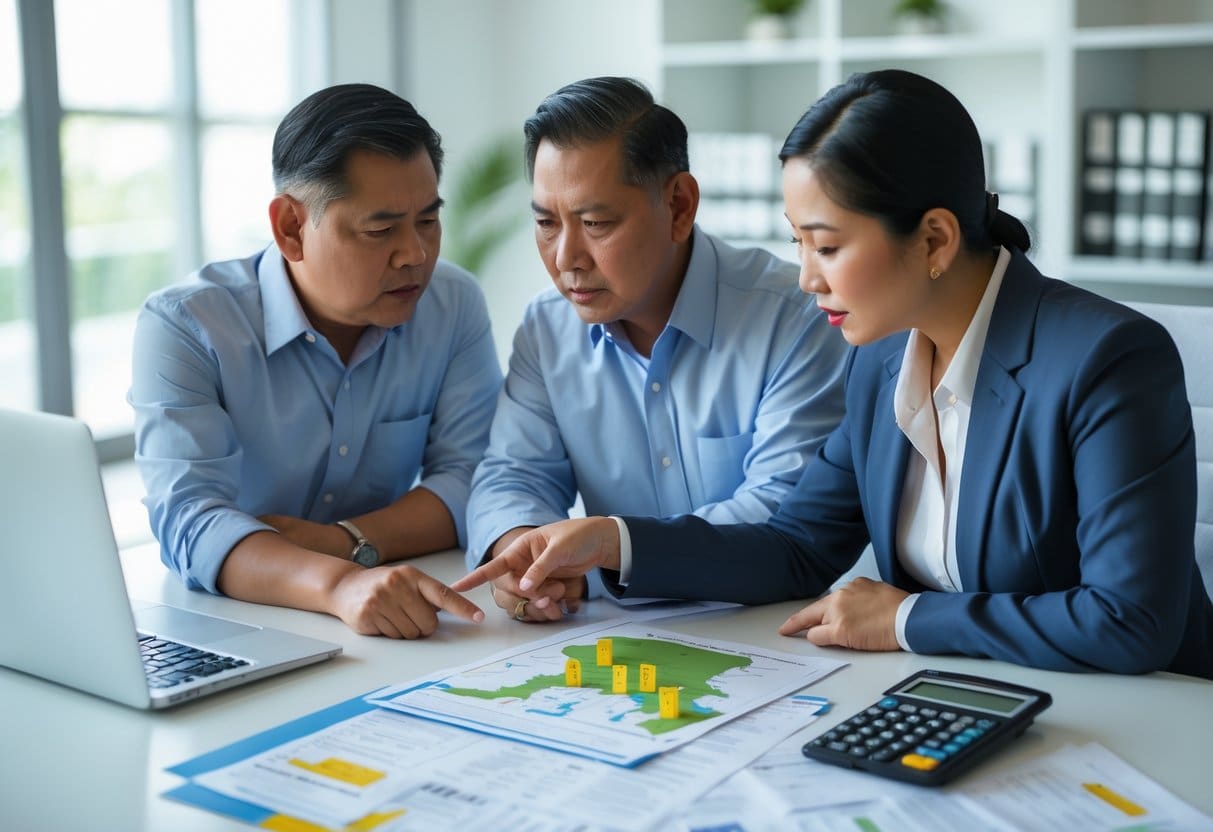 A Filipino couple discussing real estate documents with an agent in a modern office.