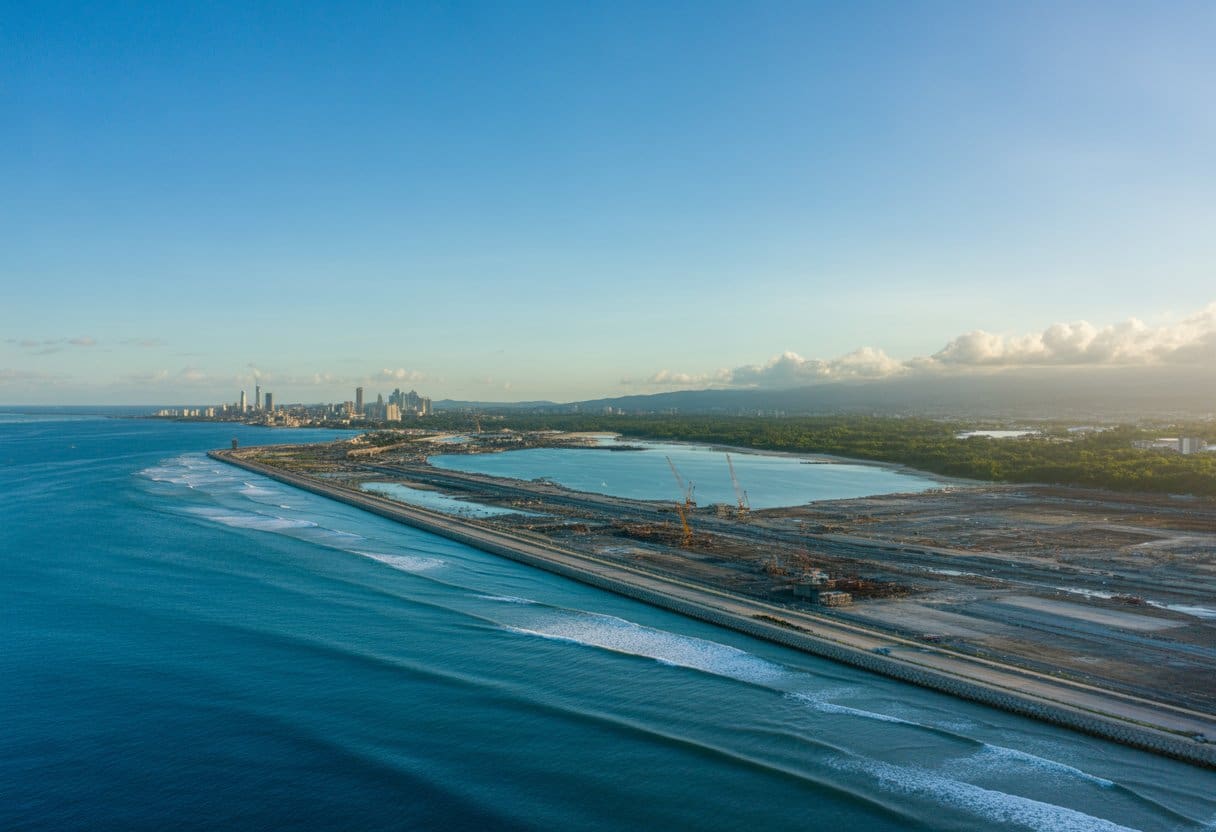Aerial view of South Road Properties coastal development in Cebu City with roads, construction sites, and blue ocean waters under a clear sky.