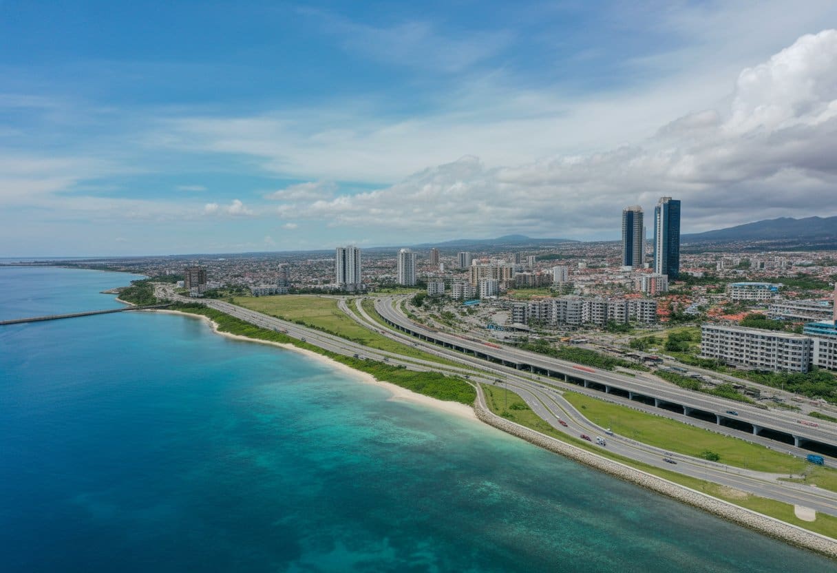 Aerial view of a coastal development with roads, bridges, buildings, and green spaces along the southern coastline of Cebu City.