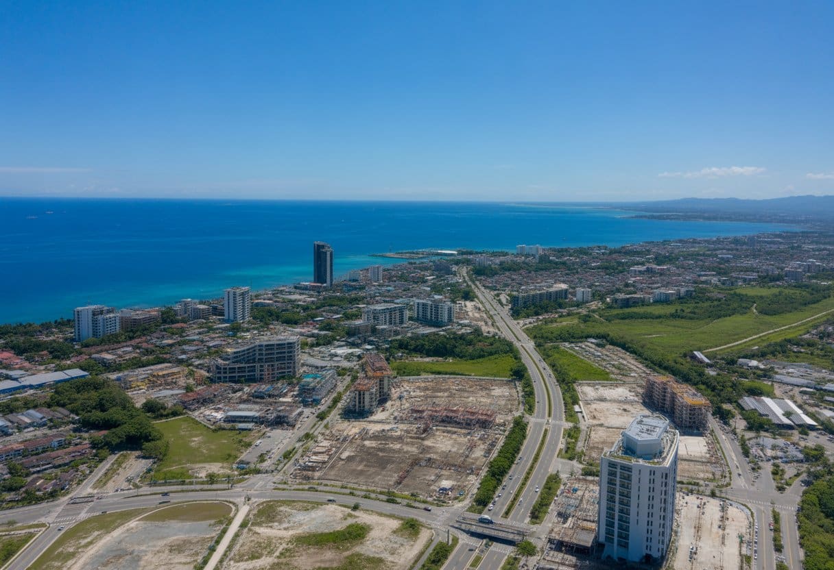 Aerial view of urban development and coastline at South Road Properties in Cebu City with buildings, roads, and green spaces.