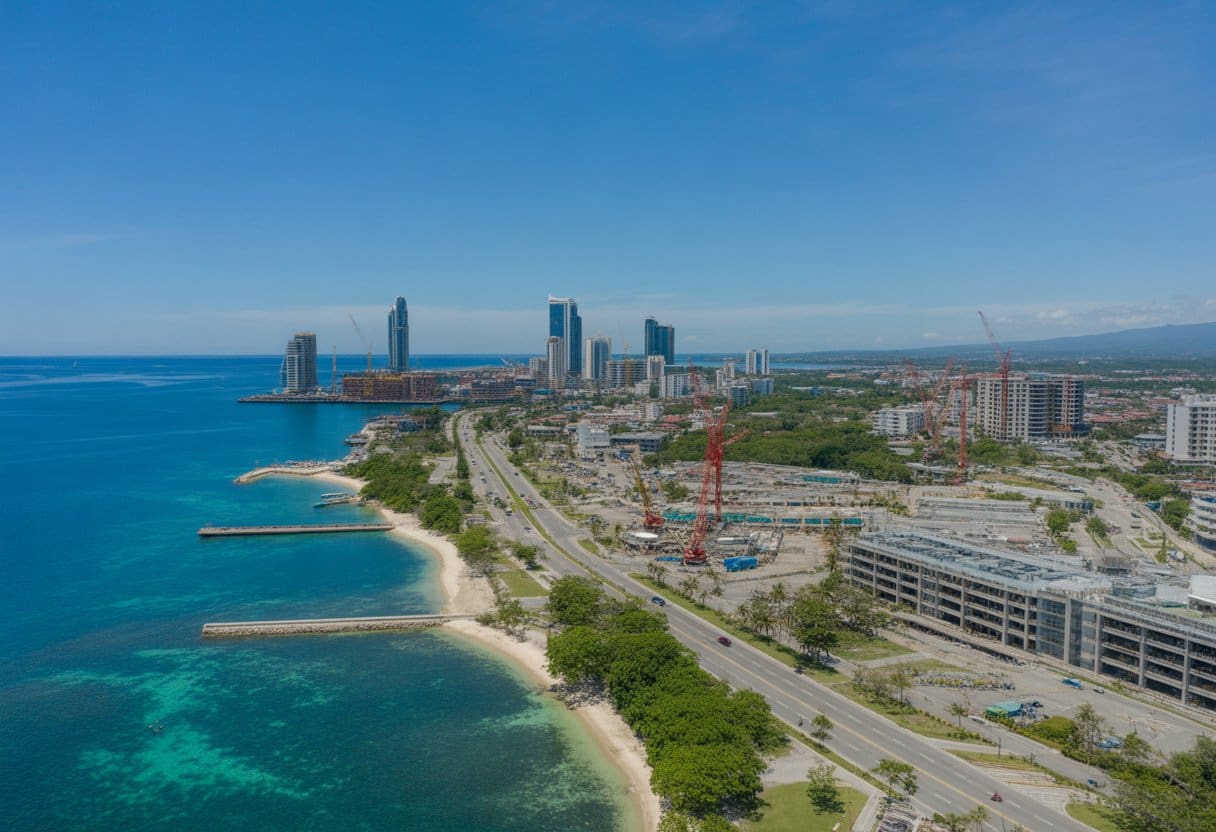 Aerial view of Cebu City's southern coastline showing ongoing construction and modern buildings along the waterfront.