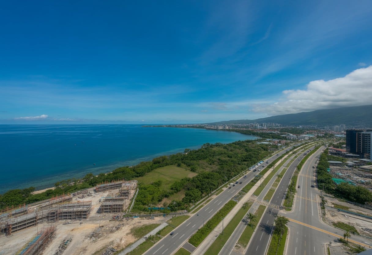 Aerial view of South Road Properties in Cebu City showing coastal development, roads, and construction along the shoreline.