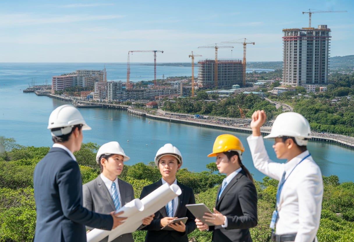 View of a coastal urban development with modern buildings under construction and people in business attire discussing plans near the shoreline.