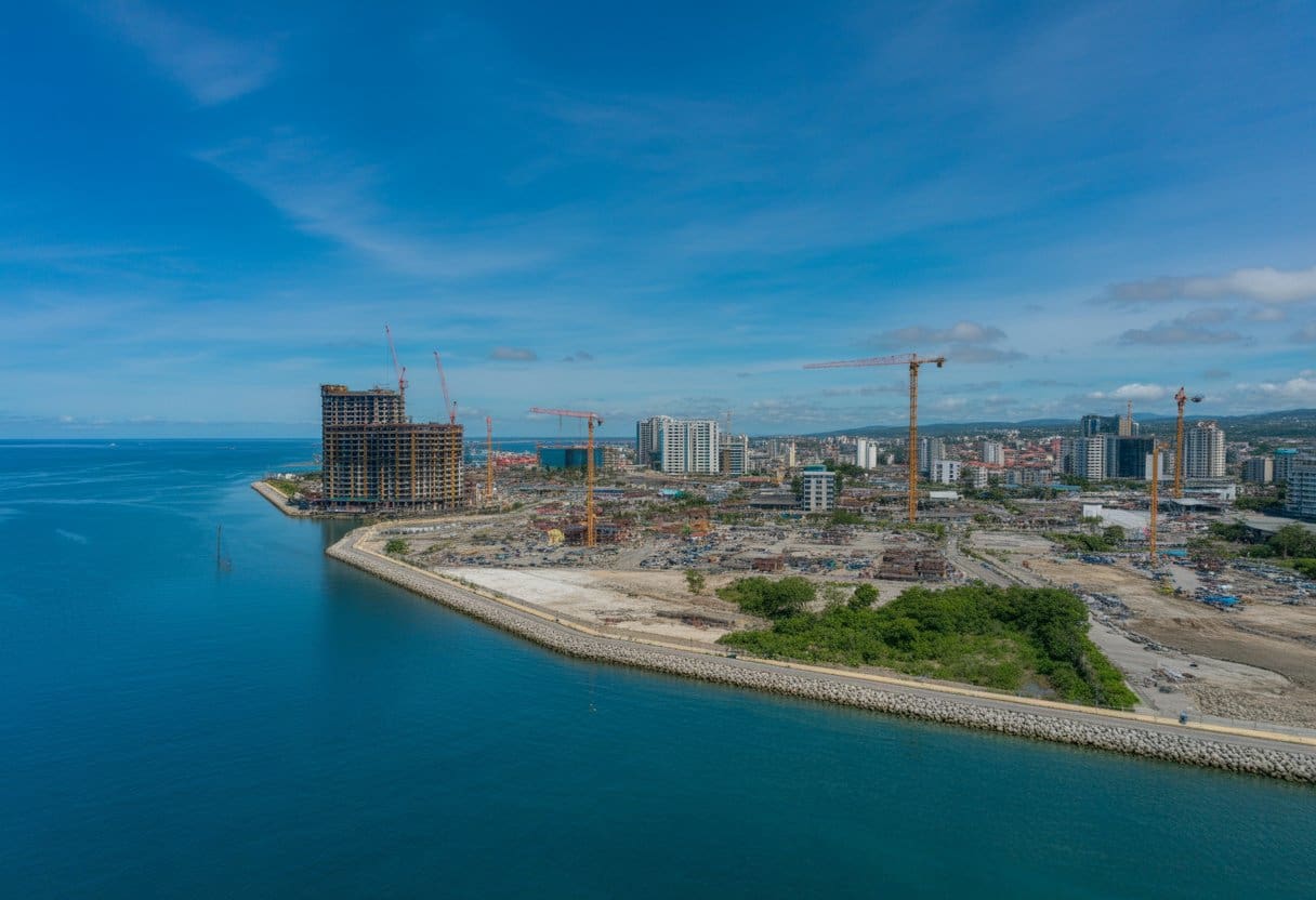 Aerial view of a coastal urban area with construction and new buildings along the shoreline.