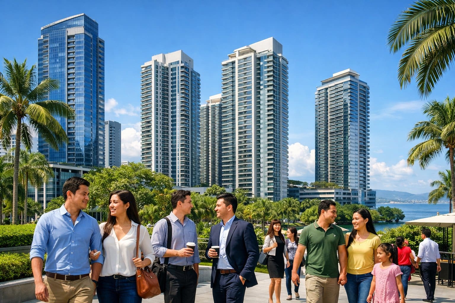 Modern condominium buildings in Cebu with people walking nearby and a coastal city skyline in the background.