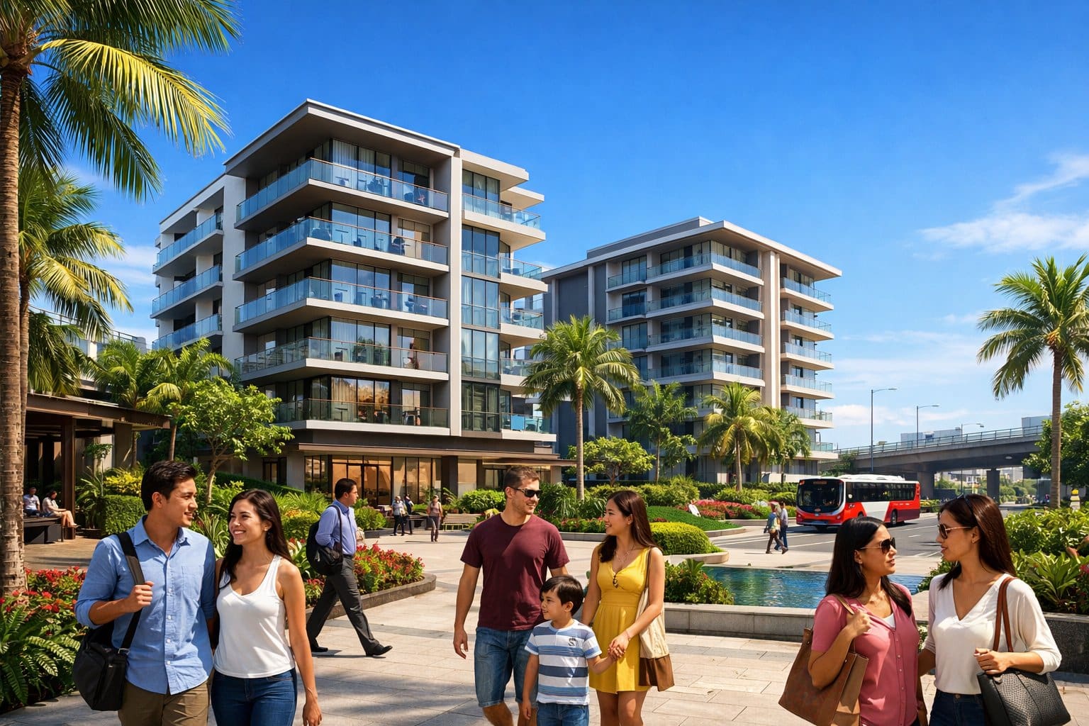 Modern condominium buildings in Cebu with people walking outdoors surrounded by tropical greenery and clear blue sky.