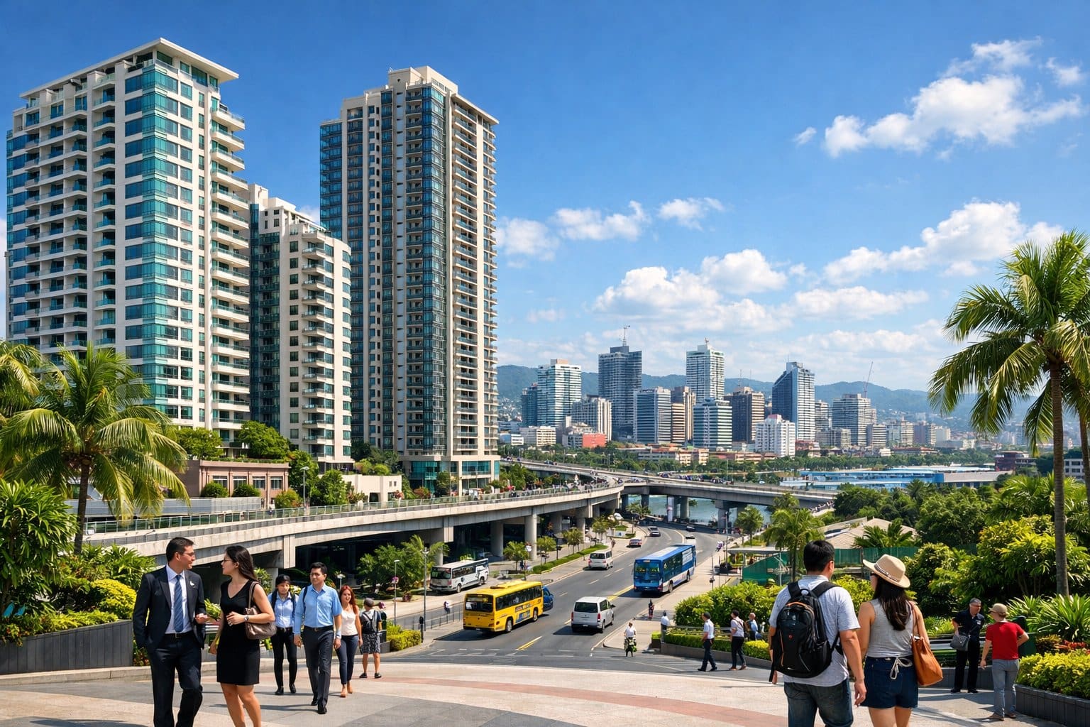 Cityscape of Cebu showing modern condominiums, roads, bridges, and people walking near buildings under a blue sky.
