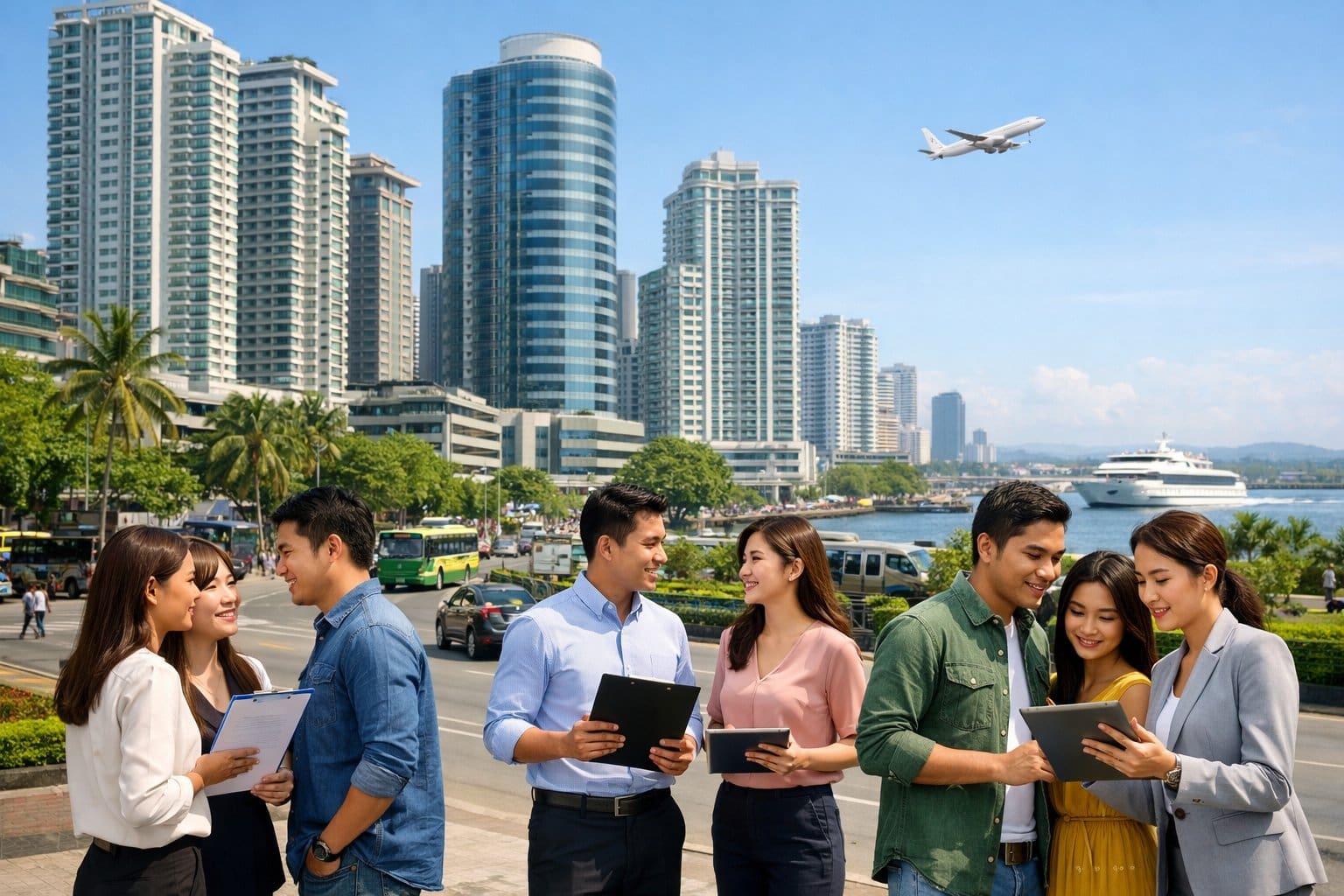 A cityscape of Cebu with modern condominiums and professionals discussing real estate in an urban setting.