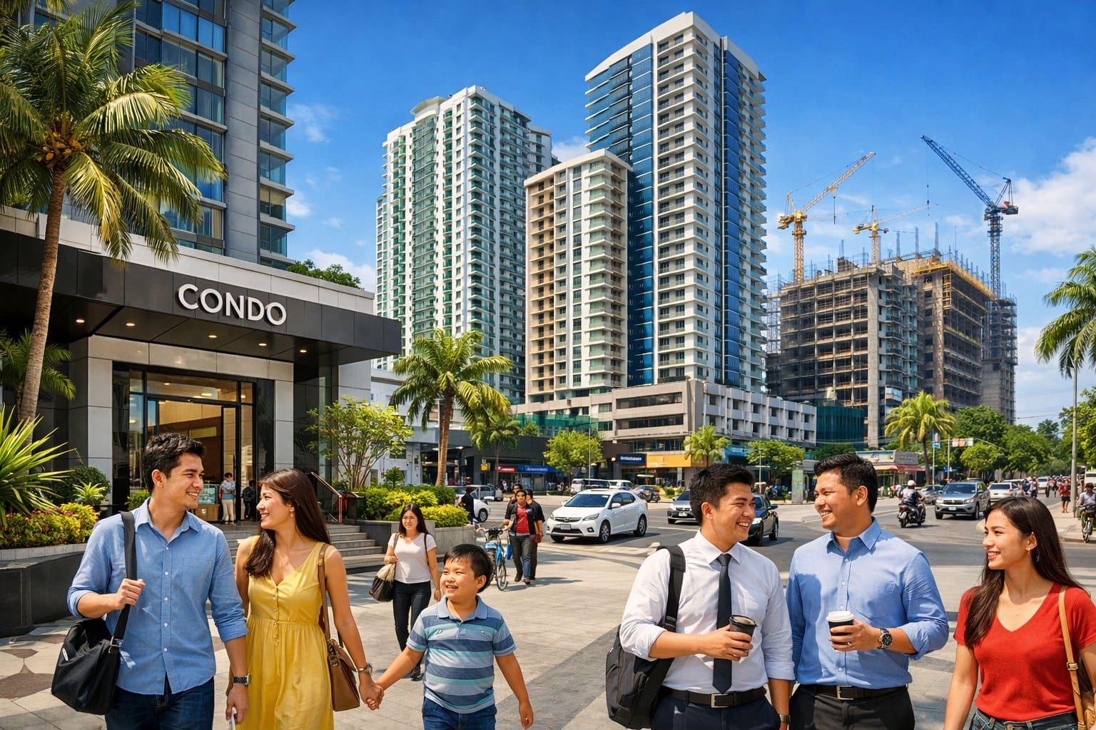 Modern condominium buildings in a busy city area with people walking and construction in the background.