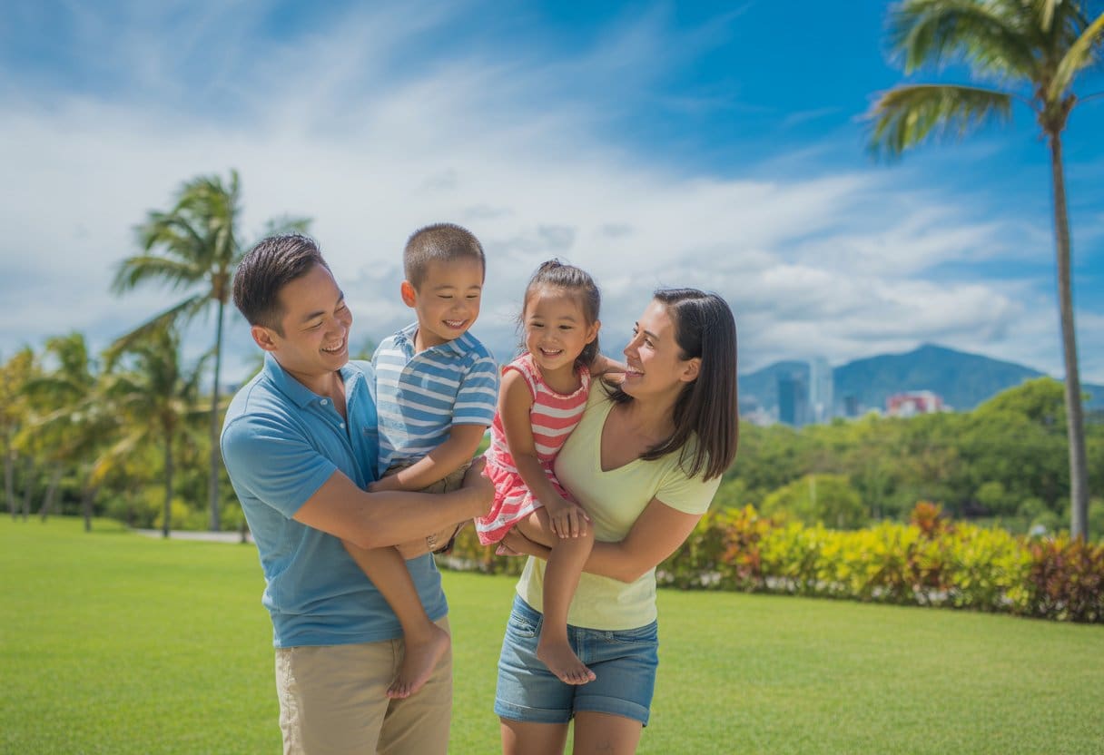 A smiling family of four enjoying a sunny day outdoors with palm trees and a city skyline in the background.