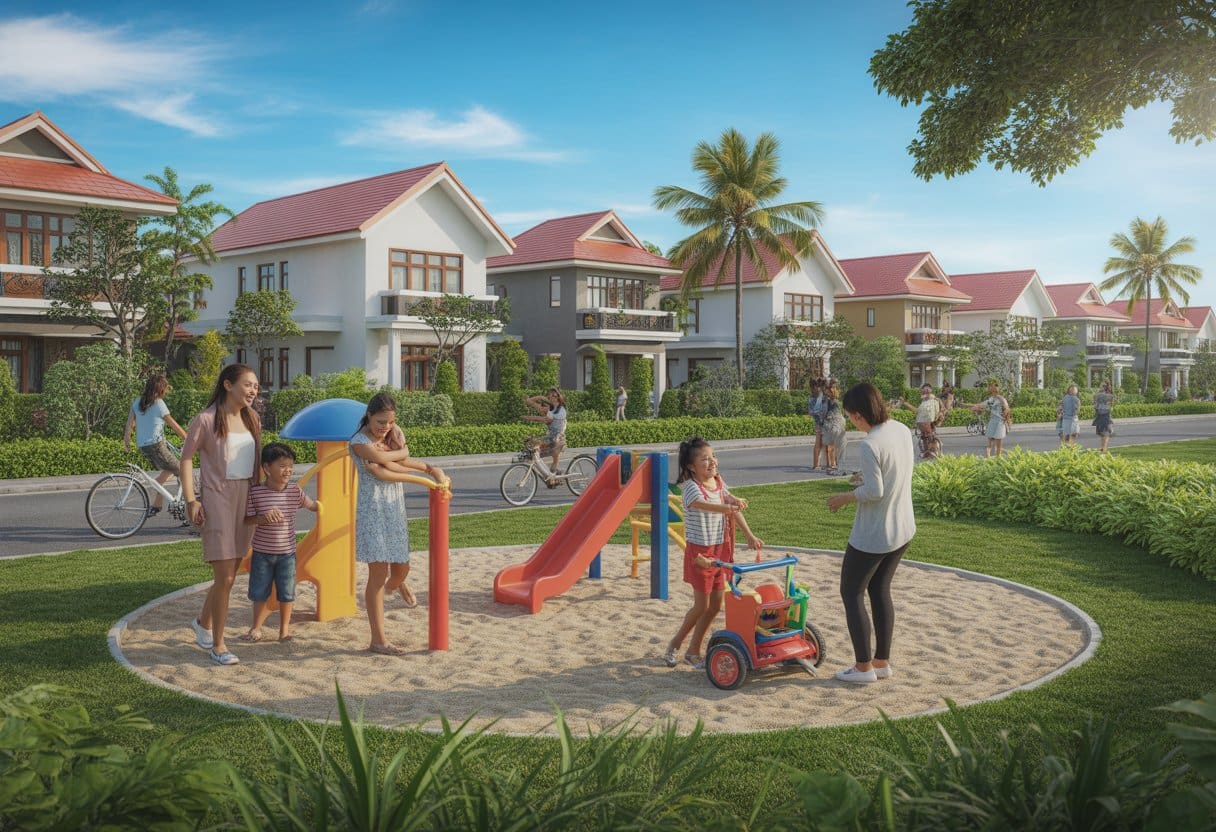 A Filipino family enjoying a sunny day in a park with children playing and tropical houses in the background.