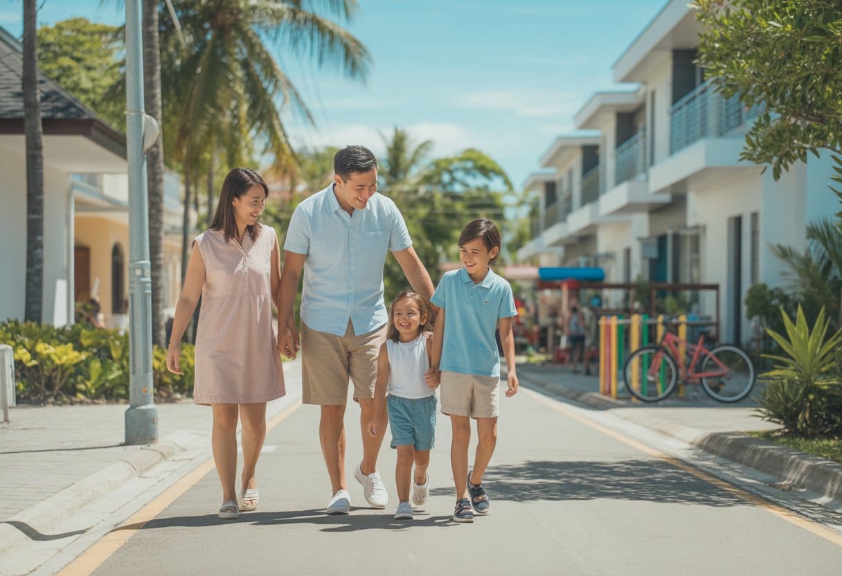 A family of four walking together in a sunny, tropical neighborhood with houses and greenery around them.