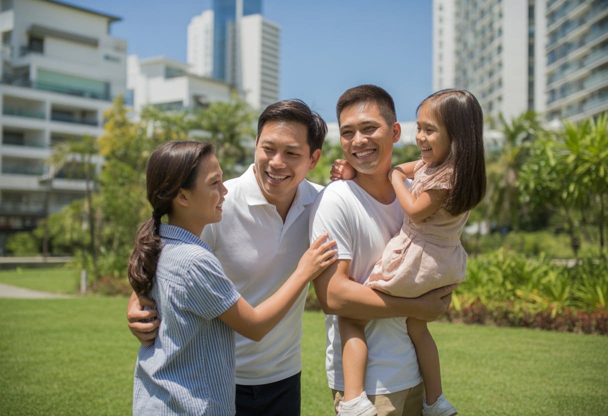 A Filipino family smiling and spending time together in a park with modern buildings and greenery in the background.