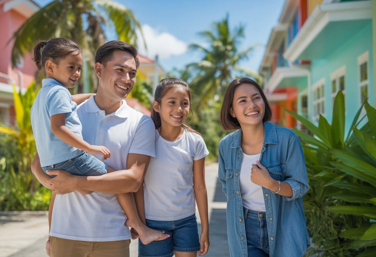 A Filipino family happily exploring a colorful neighborhood in Cebu with tropical plants and houses around them.