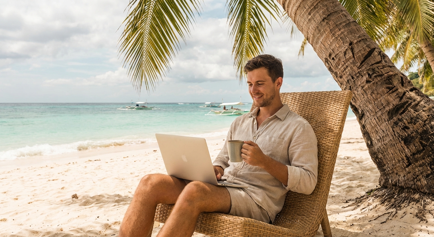 A young professional woman talking to a real estate broker inside a modern, high-ceiling office space in Mandaue City, demonstrating commercial real estate connection to Mactan