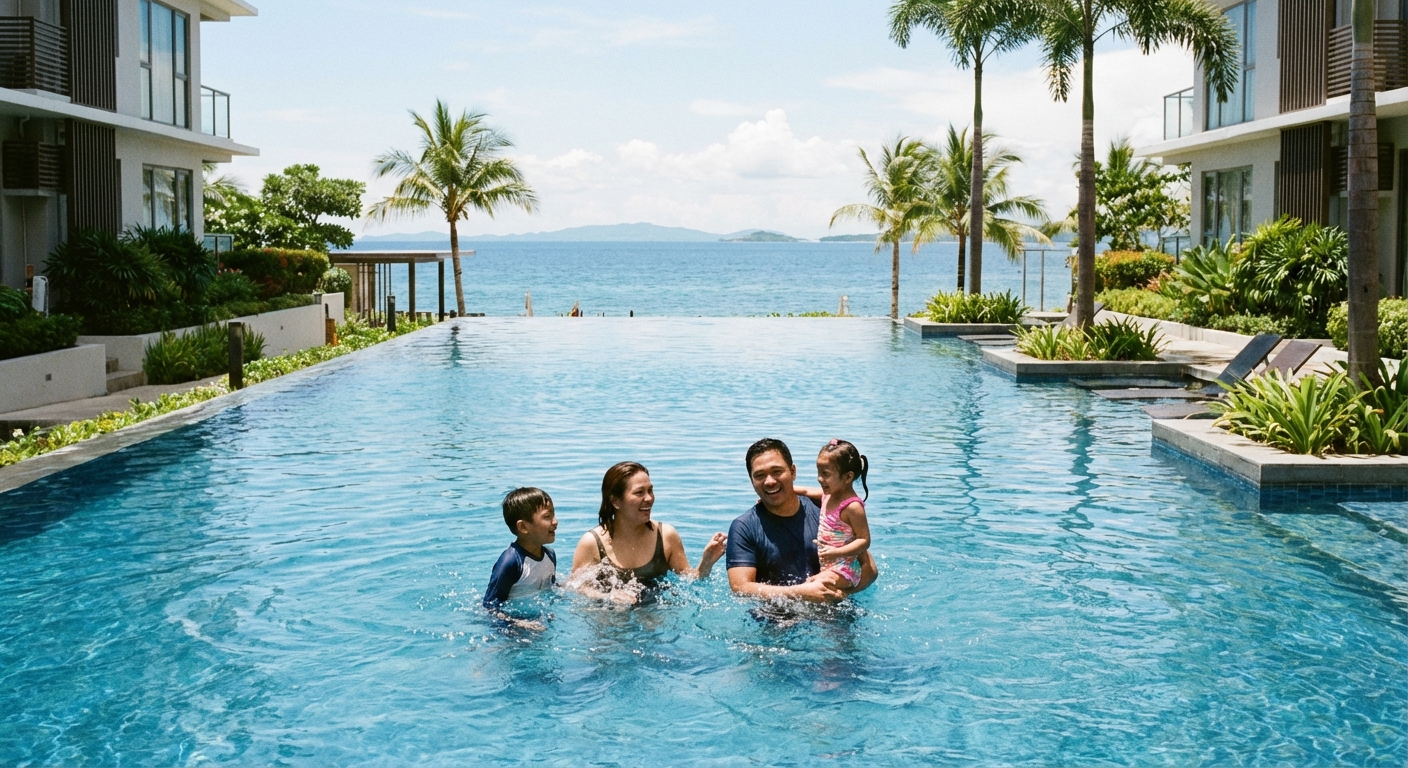 A man sitting on the beach in Mactan, typing on a laptop, representing the successful digital nomad lifestyle enabled by beachfront property investment Mactan Cebu