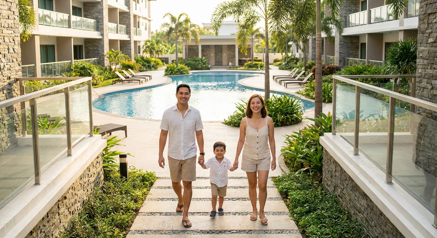 A young woman reviewing her down payment savings on a tablet while sitting on a balcony overlooking the Cebu skyline, emphasizing her role as a First time home buyer Cebu.