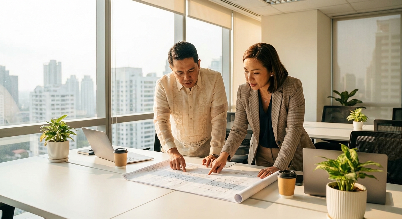 A real estate professional pointing to property documents with a client in a bright, modern Cebu office, emphasizing a smooth buying process for a first time home buyer.