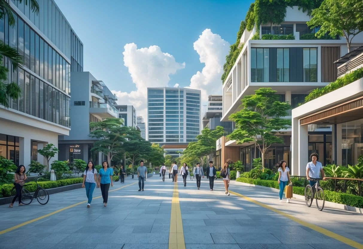 A sunny urban scene showing modern office buildings, shopping centers, and residential homes with people walking and biking in a clean, green environment.