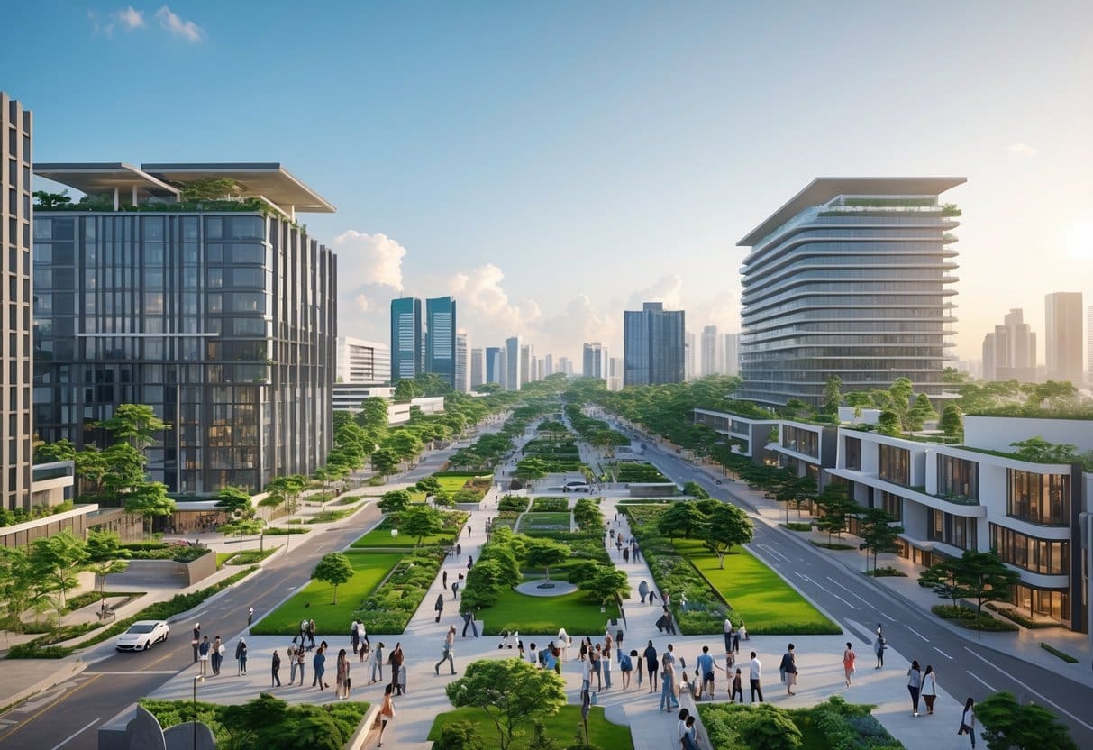 A cityscape showing modern buildings, green areas, and people walking in a lively urban environment during daytime.