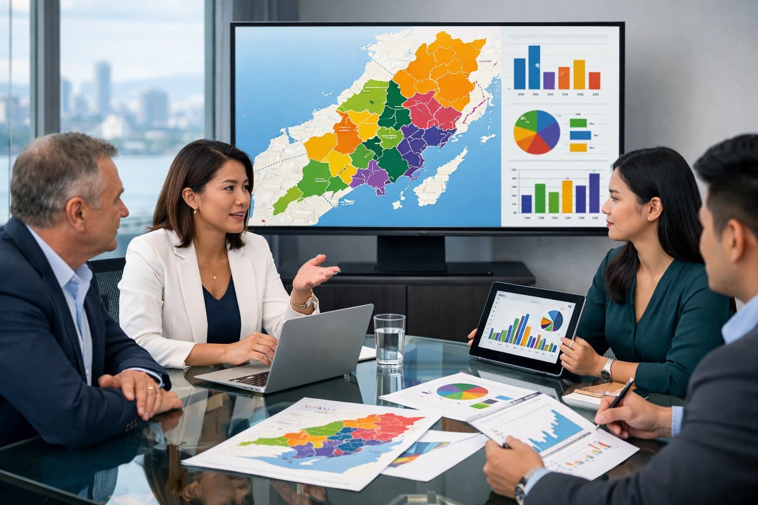 Business professionals discussing real estate data around a table with digital devices and charts in an office with a map of Cebu on a screen.