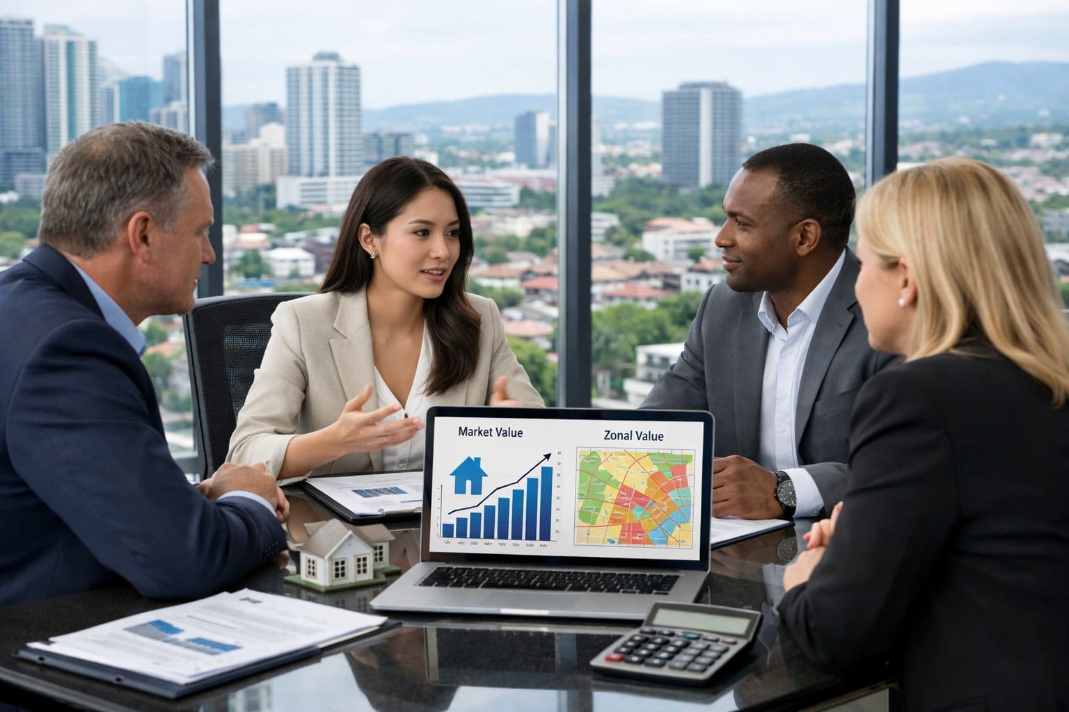 Business professionals discussing real estate and taxes around a conference table with documents and a laptop in an office overlooking a city.