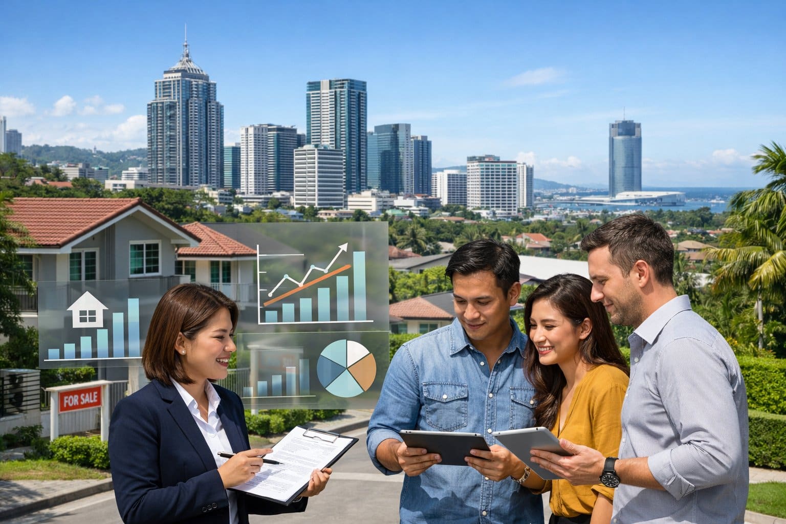 A group of professionals discussing real estate documents outdoors with a cityscape and residential buildings in the background.
