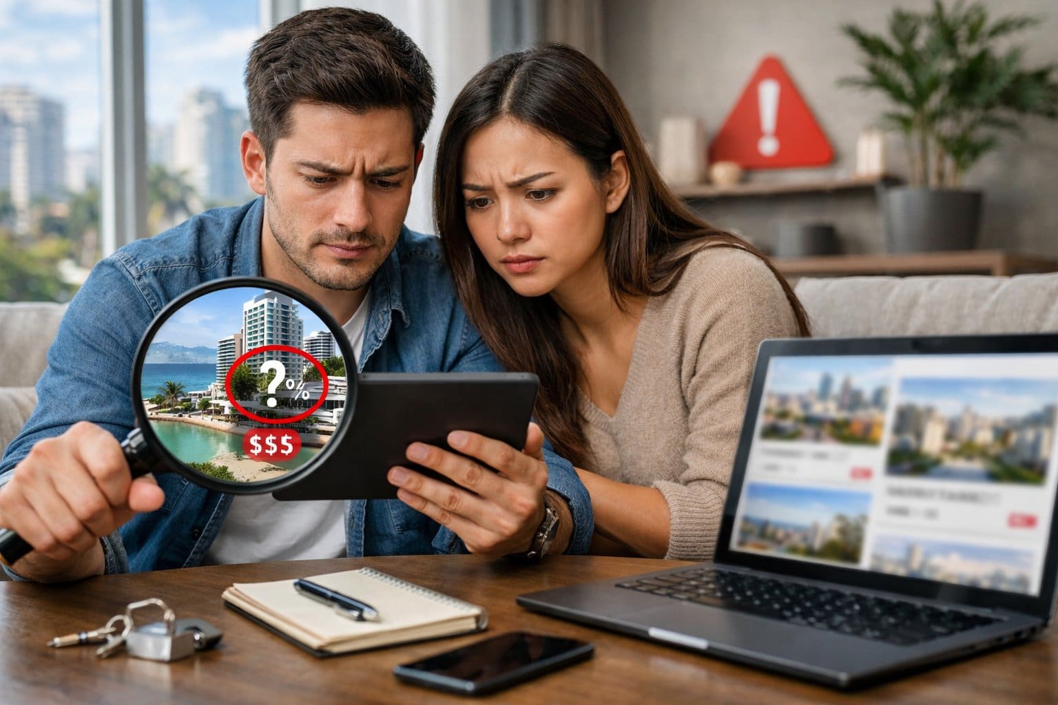 A young couple carefully examining property listings on a tablet in a bright living room, showing concern and caution.