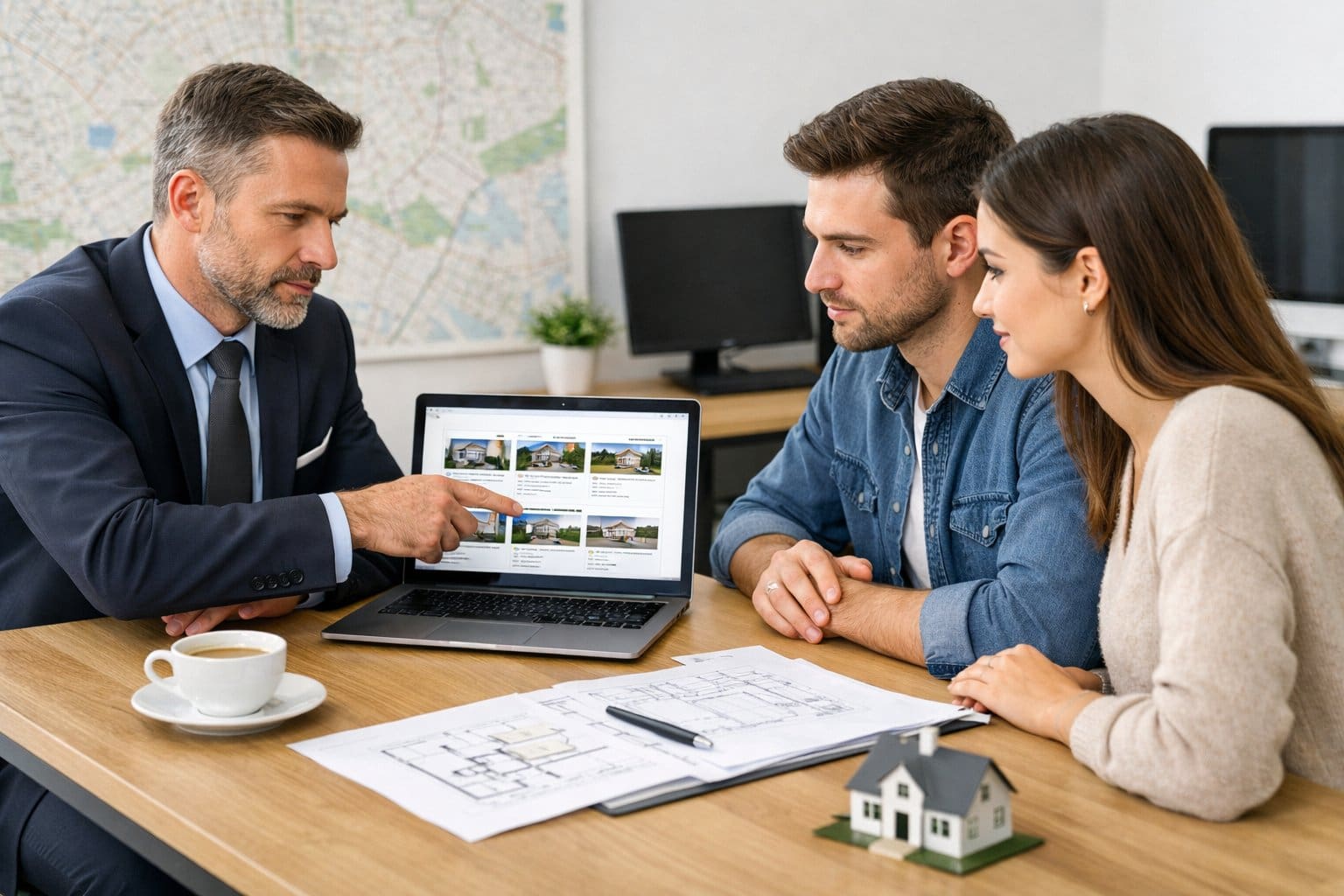 A real estate agent and a young couple reviewing property documents together at an office desk.