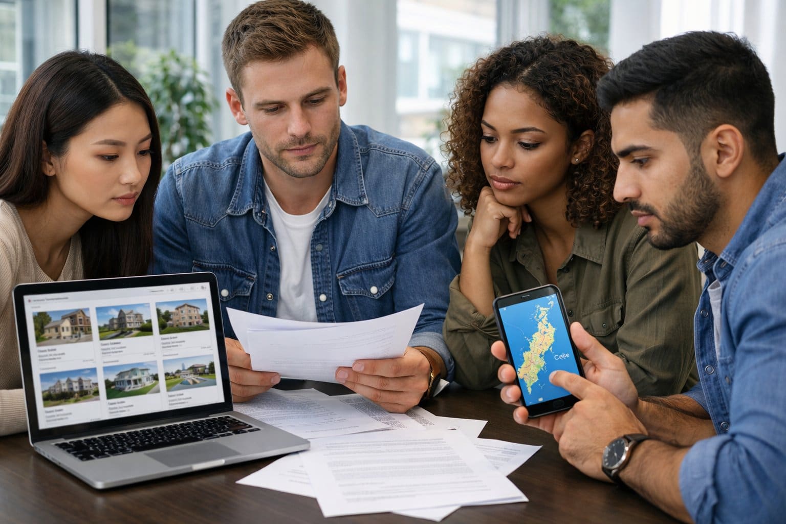 A group of young adults reviewing real estate documents and digital devices in an office, discussing property listings and maps.