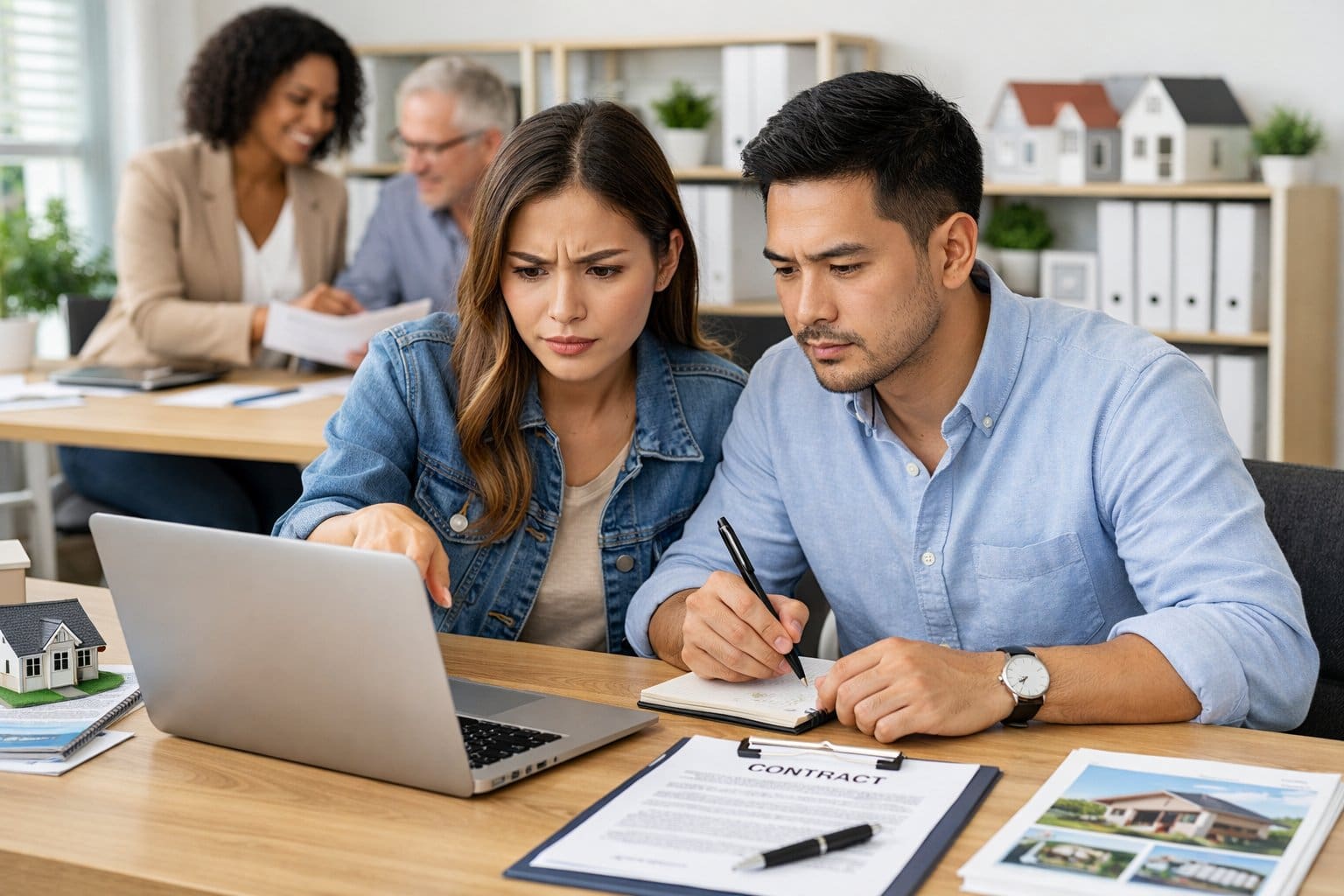 A young couple reviewing property listings on a laptop in a real estate office while a real estate agent assists another client in the background.
