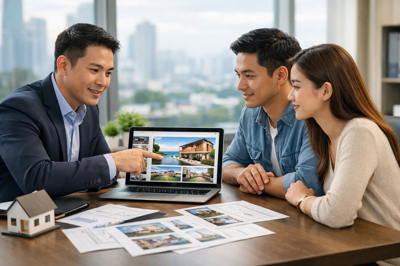 A real estate agent showing property listings on a laptop to a young couple in a bright office.