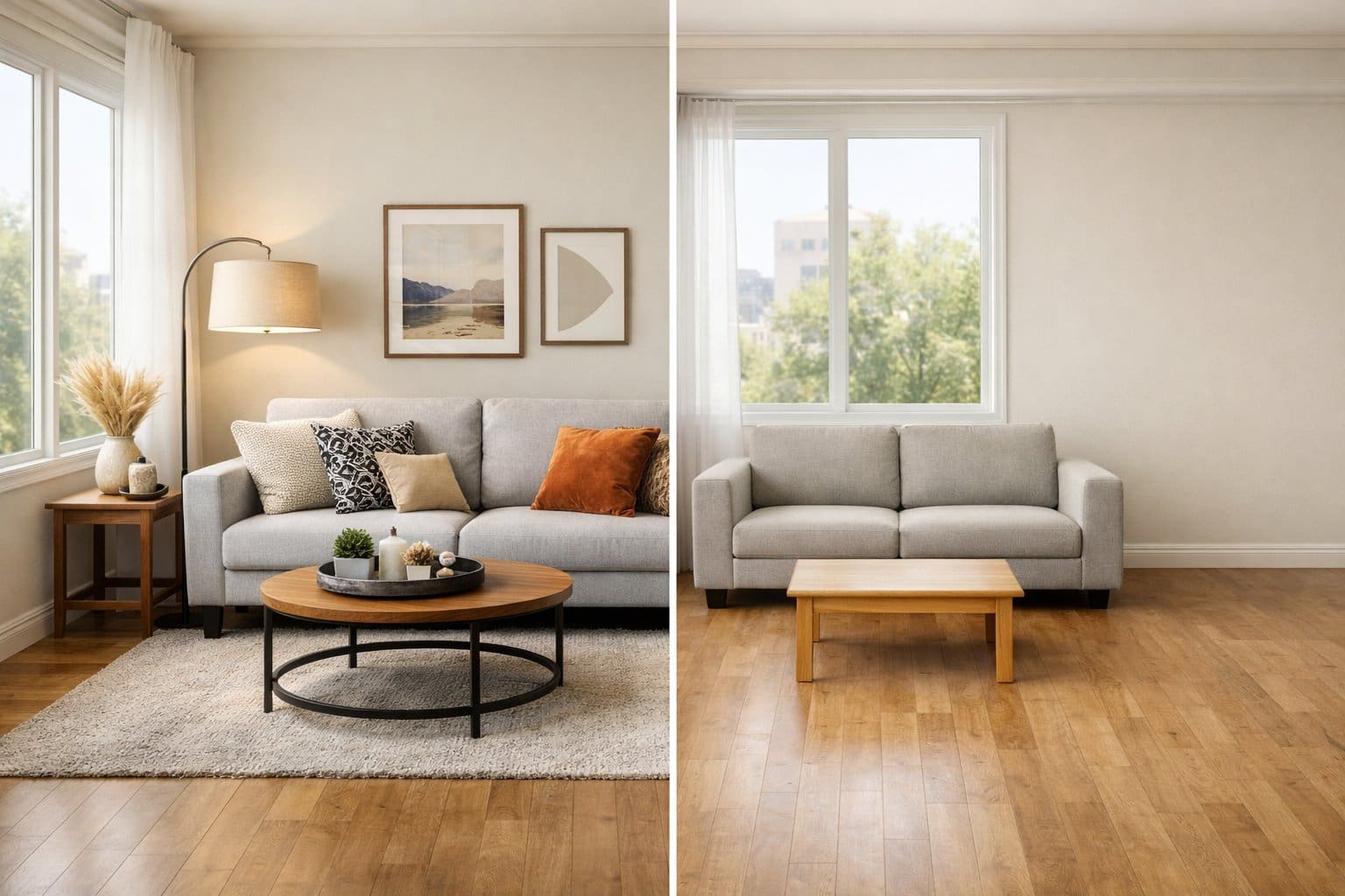 A modern living room showing a fully furnished area with sofa and decorations next to a semi-furnished area with minimal furniture and empty space.