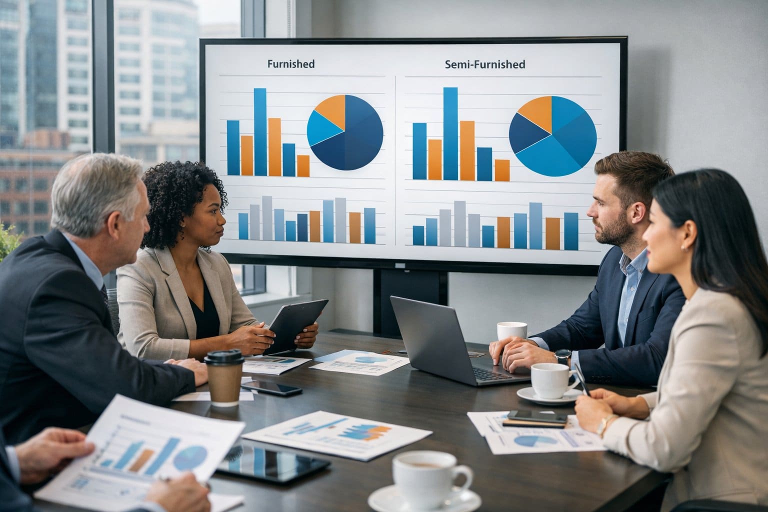 A group of professionals in a modern office reviewing rental market data on a large screen during a meeting.