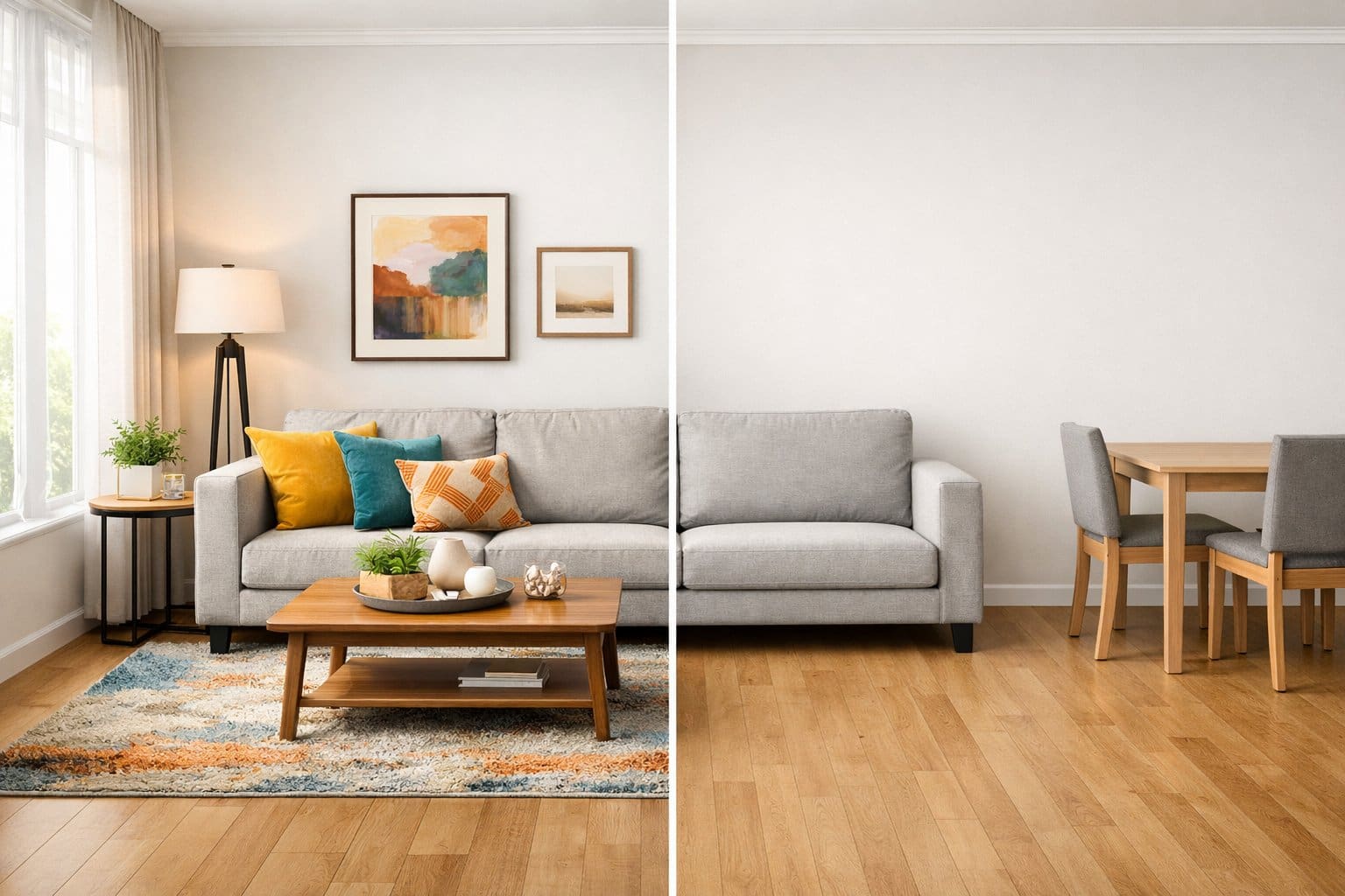 A modern living room divided into two halves showing a fully furnished space with sofa and decorations on one side and a semi-furnished space with basic furniture on the other.
