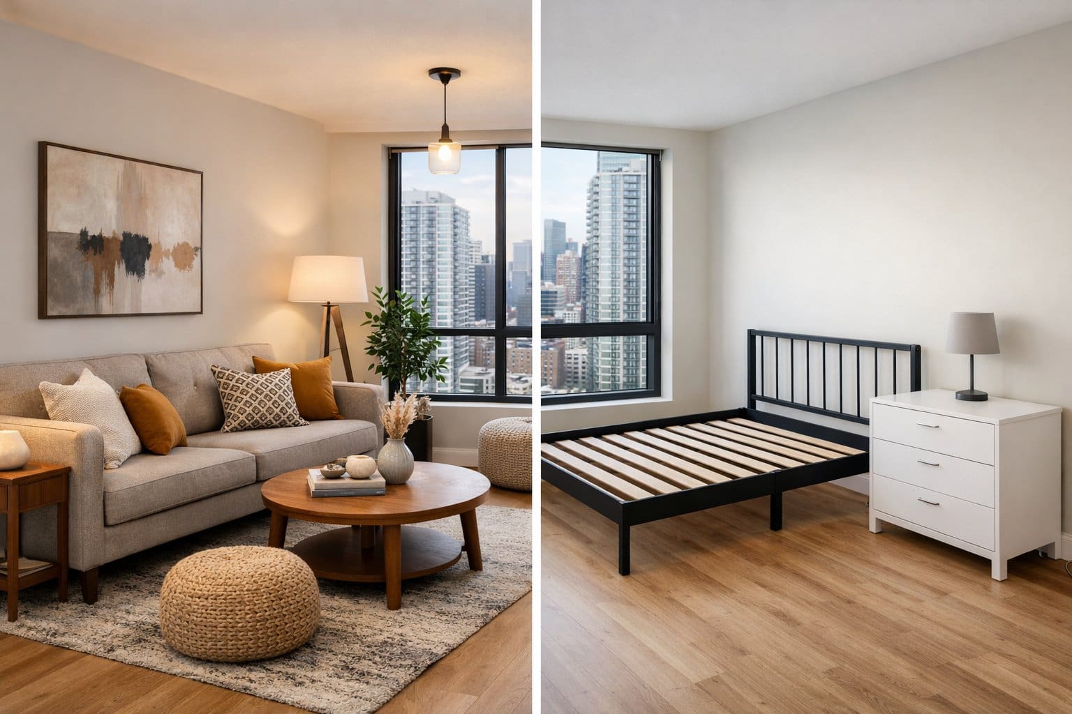 Interior of an apartment showing a fully furnished living area on one side and a semi-furnished bedroom on the other, with large windows overlooking a city skyline.