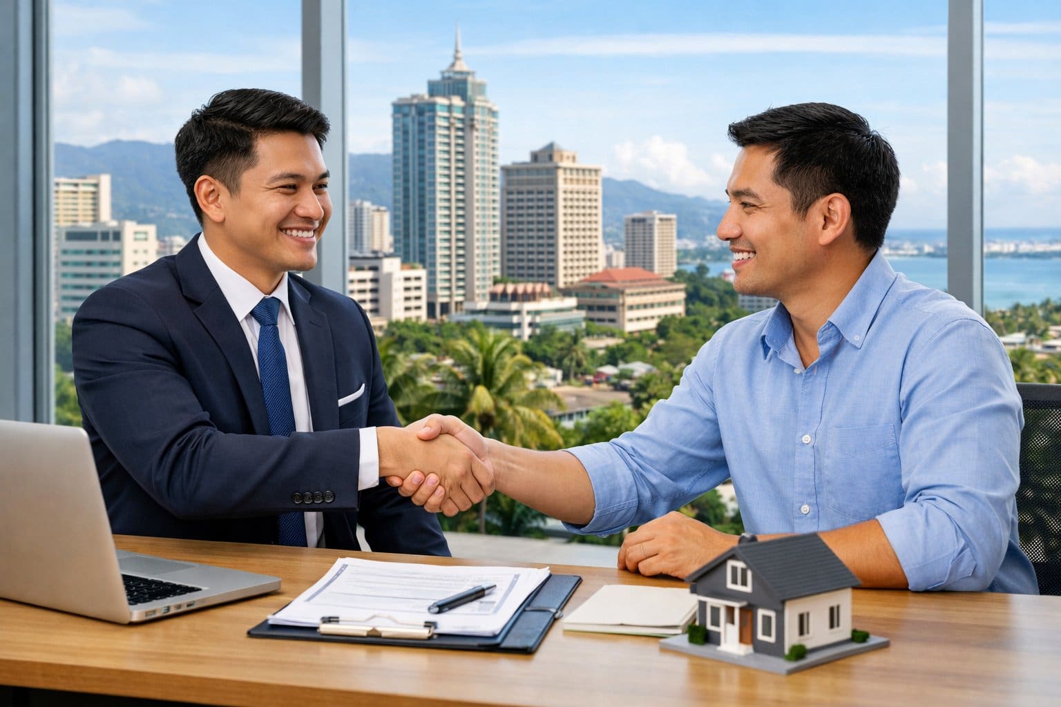 A real estate agent shaking hands with a client in a modern office with a view of Cebu city in the background.