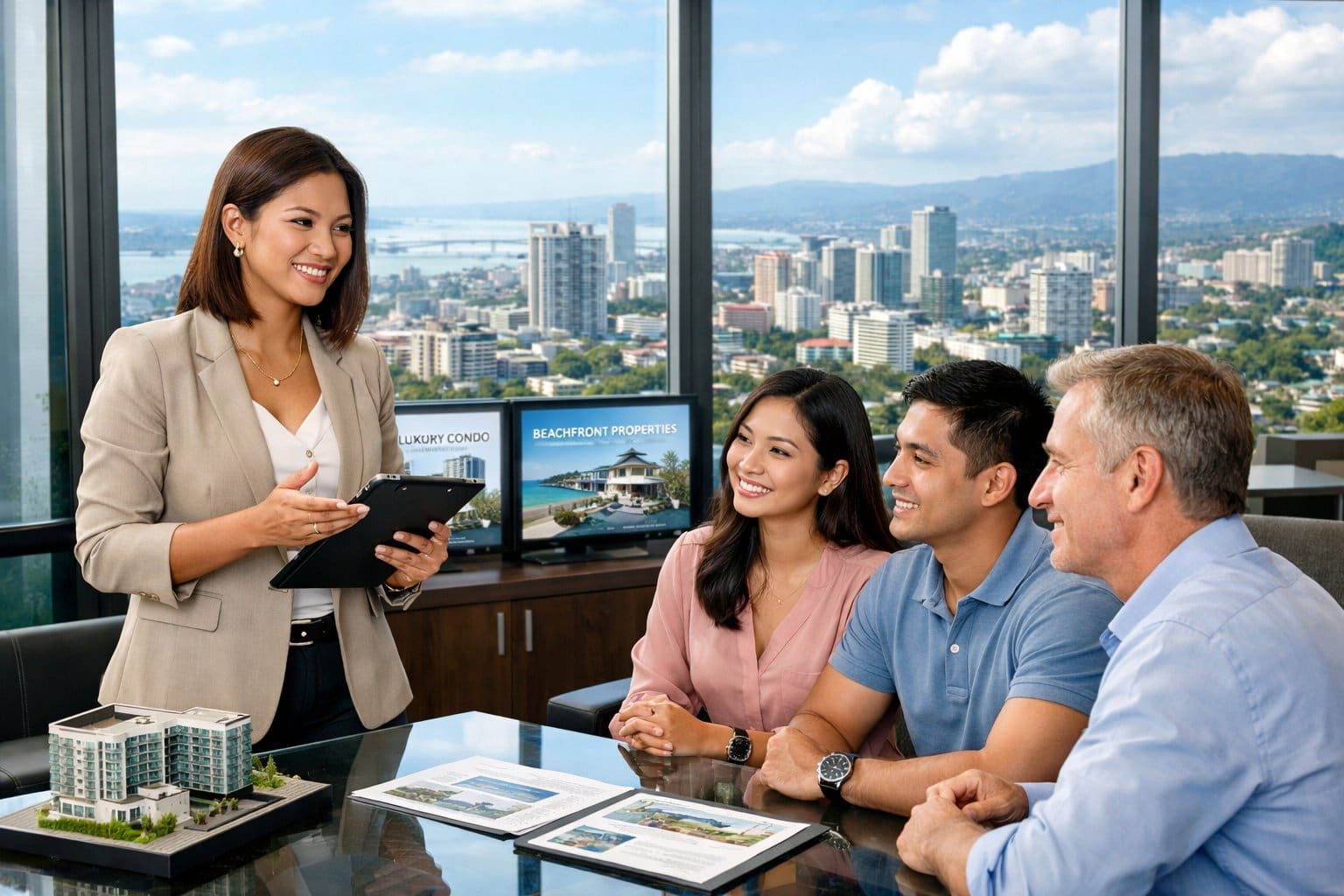 A real estate broker in a modern office overlooking Cebu City skyline, talking with clients.